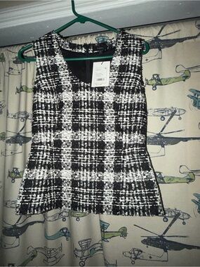 Theory Black and White Tweed Peplum Shell Top